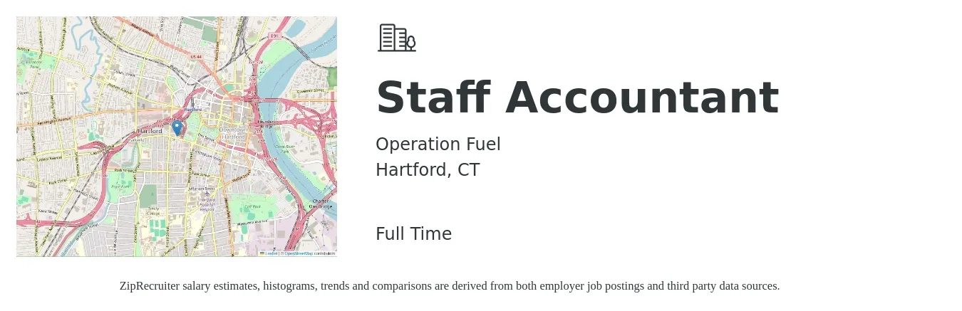 Operation Fuel job posting for a Staff Accountant in Hartford, CT with a salary of $60,000 to $65,000 Yearly with a map of Hartford location.