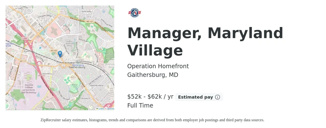 Operation Homefront job posting for a Manager, Maryland Village in Gaithersburg, MD with a salary of $45,400 to $74,000 Yearly with a map of Gaithersburg location.