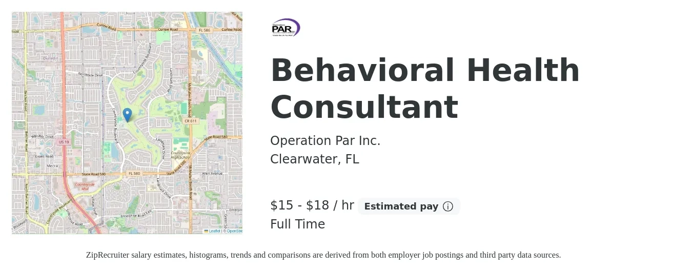 Operation Par Inc. job posting for a Behavioral Health Consultant in Clearwater, FL with a salary of $16 to $19 Hourly with a map of Clearwater location.