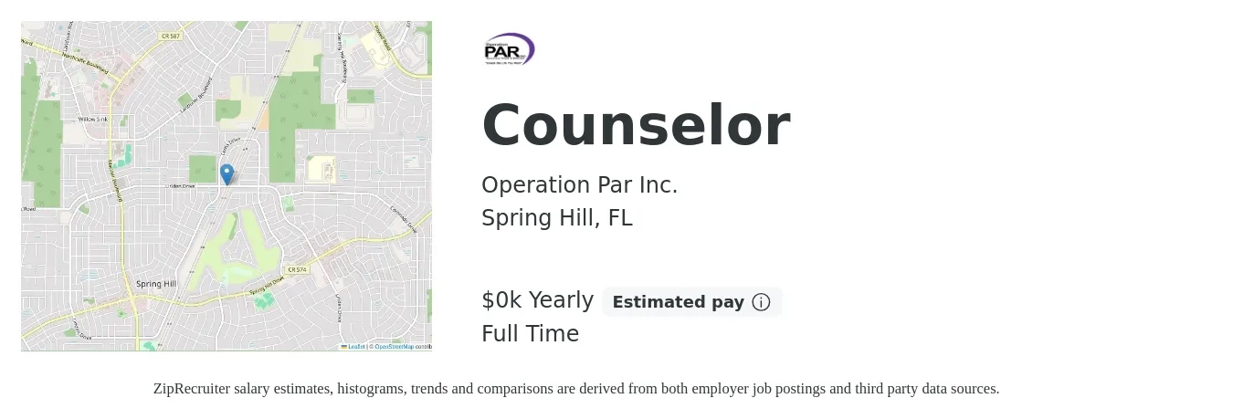 Operation Par Inc. job posting for a Counselor in Spring Hill, FL with a salary of $19 to $22 Yearly with a map of Spring Hill location.