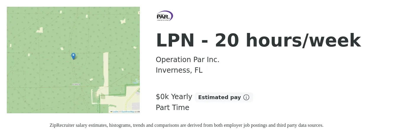 Operation Par Inc. job posting for a LPN - 20 hours/week in Inverness, FL with a salary of $24 to $25 Yearly with a map of Inverness location.