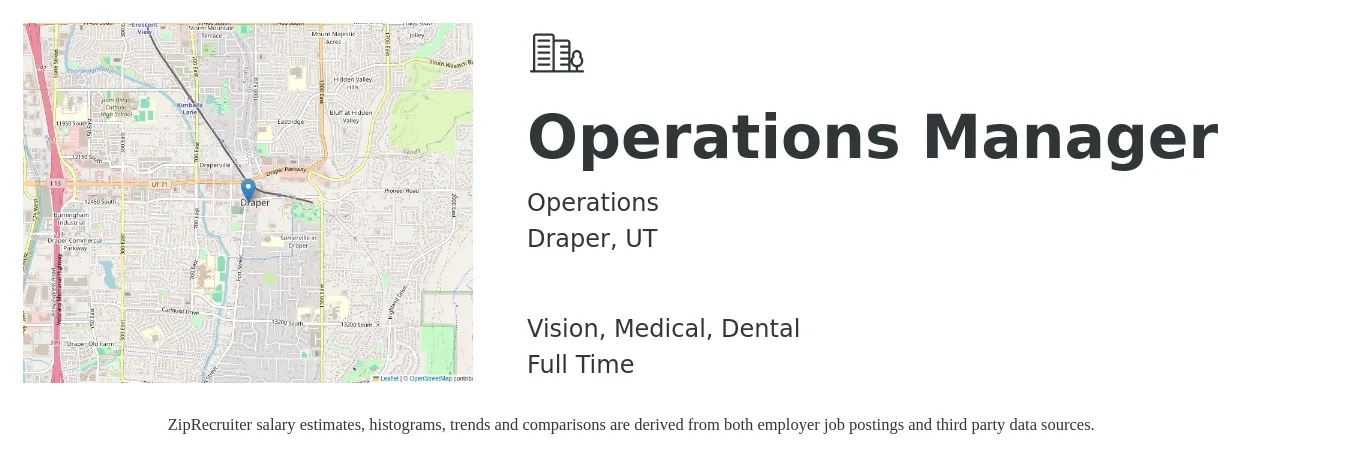 Operations job posting for a Operations Manager in Draper, UT with a salary of $38,300 to $72,400 Yearly and benefits including dental, medical, pto, and vision with a map of Draper location.