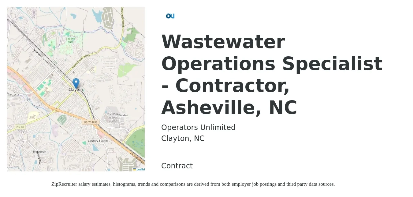Operators Unlimited job posting for a Wastewater Operations Specialist - Contractor, Asheville, NC in Clayton, NC with a salary of $40,800 to $69,300 Yearly with a map of Clayton location.