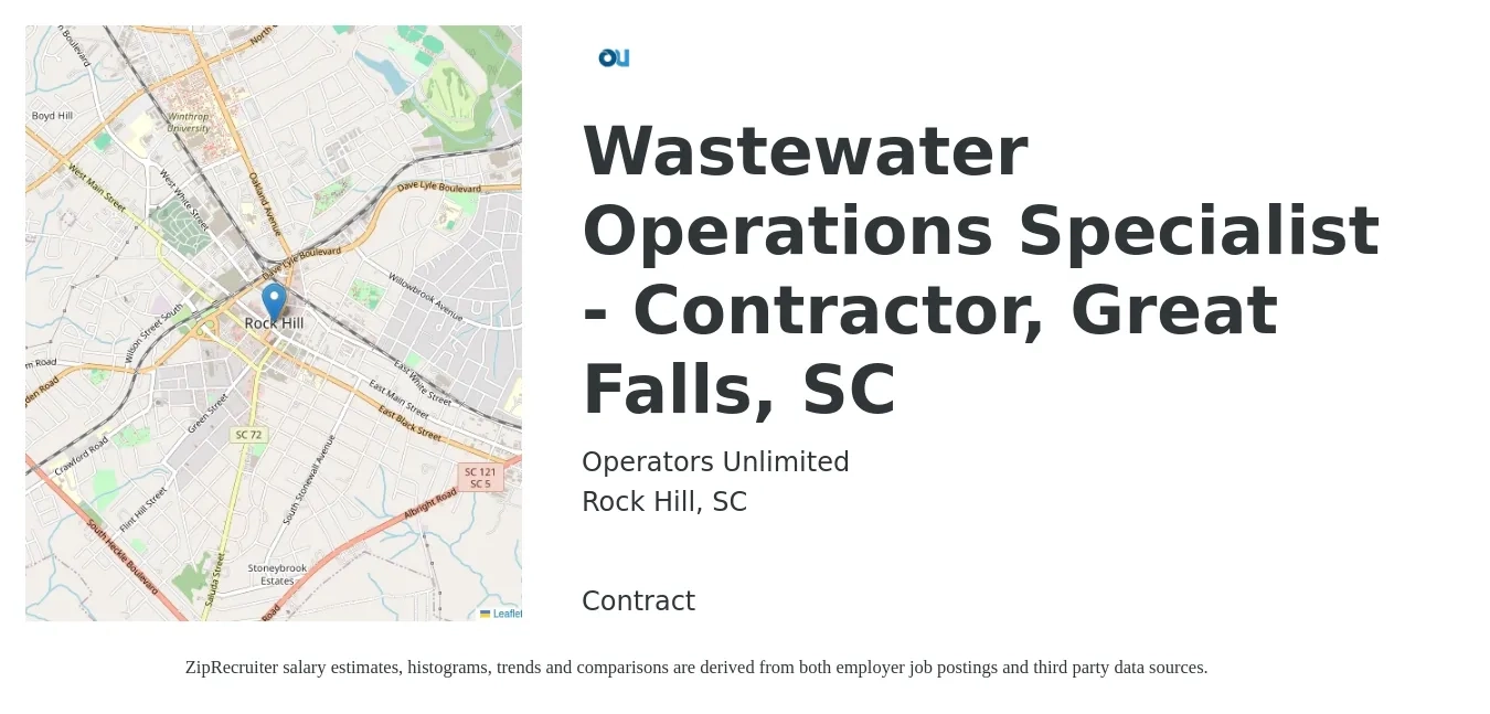 Operators Unlimited job posting for a Wastewater Operations Specialist - Contractor, Great Falls, SC in Rock Hill, SC with a salary of $39,800 to $67,700 Yearly with a map of Rock Hill location.
