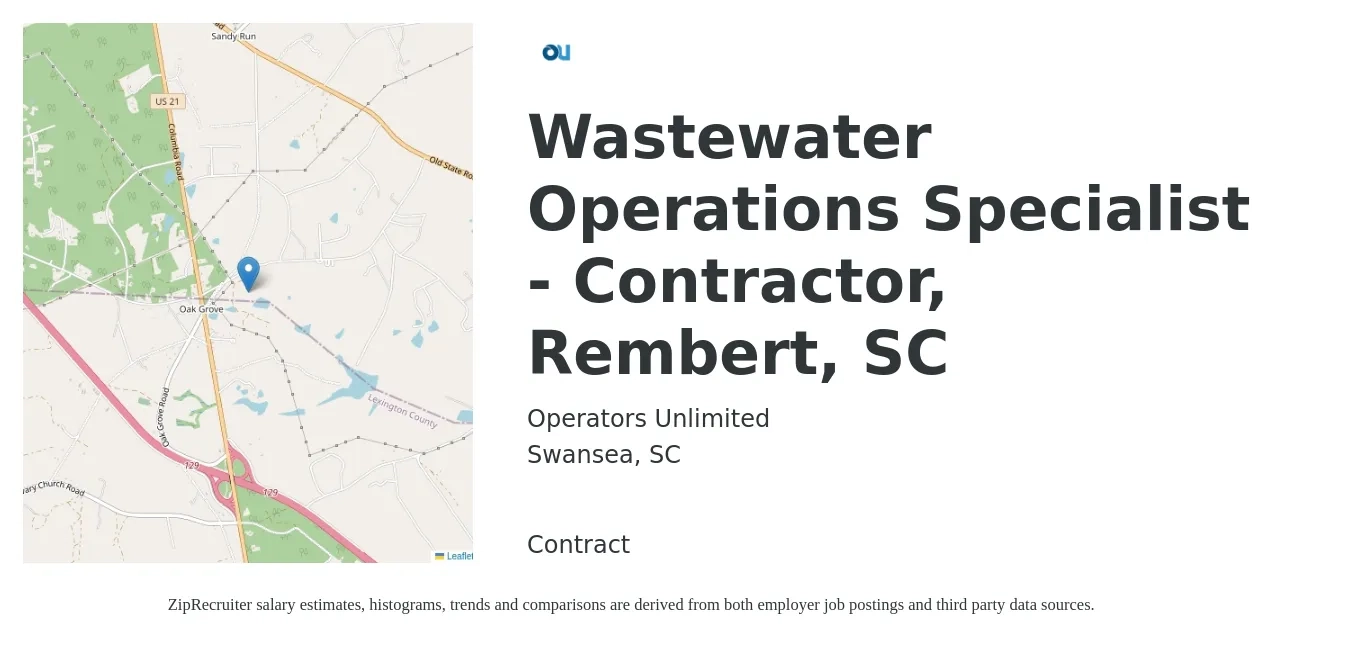 Operators Unlimited job posting for a Wastewater Operations Specialist - Contractor, Rembert, SC in Swansea, SC with a salary of $44,000 to $74,800 Yearly with a map of Swansea location.