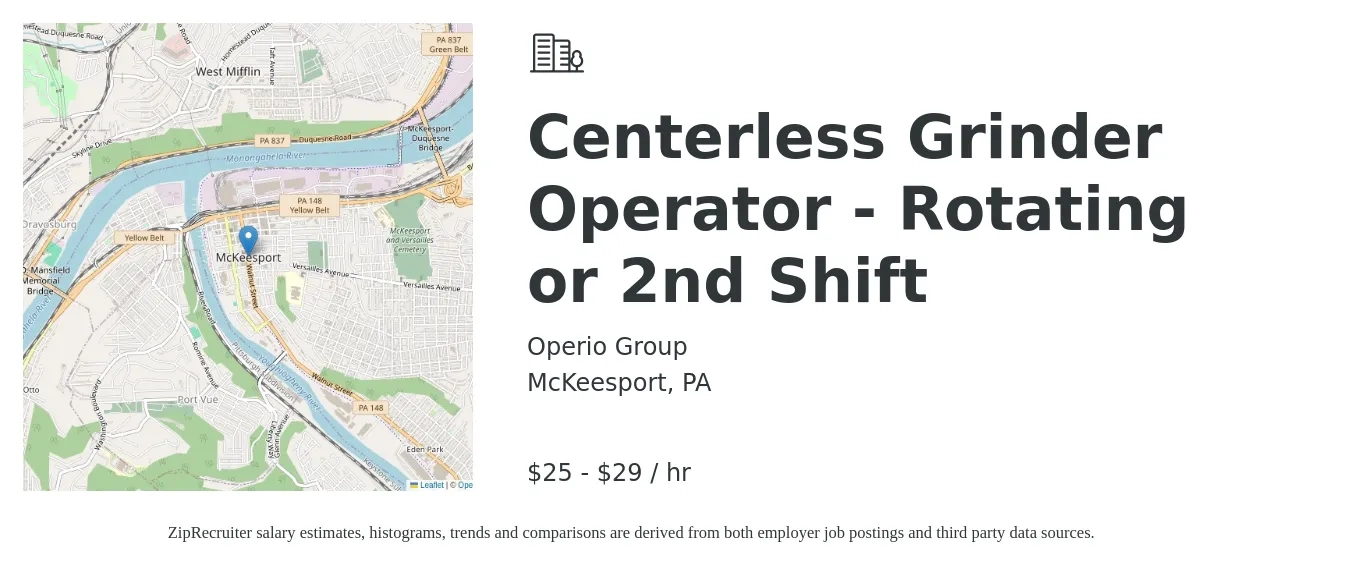 Operio Group job posting for a Centerless Grinder Operator - Rotating or 2nd Shift in McKeesport, PA with a salary of $27 to $31 Hourly with a map of McKeesport location.