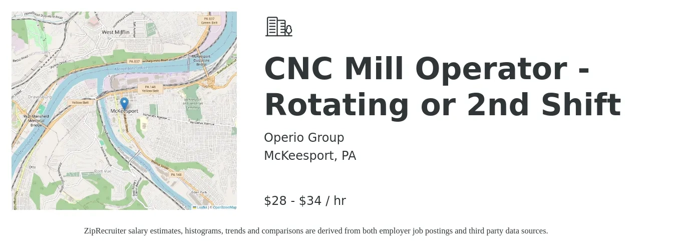 Operio Group job posting for a CNC Mill Operator - Rotating or 2nd Shift in McKeesport, PA with a salary of $30 to $36 Hourly with a map of McKeesport location.