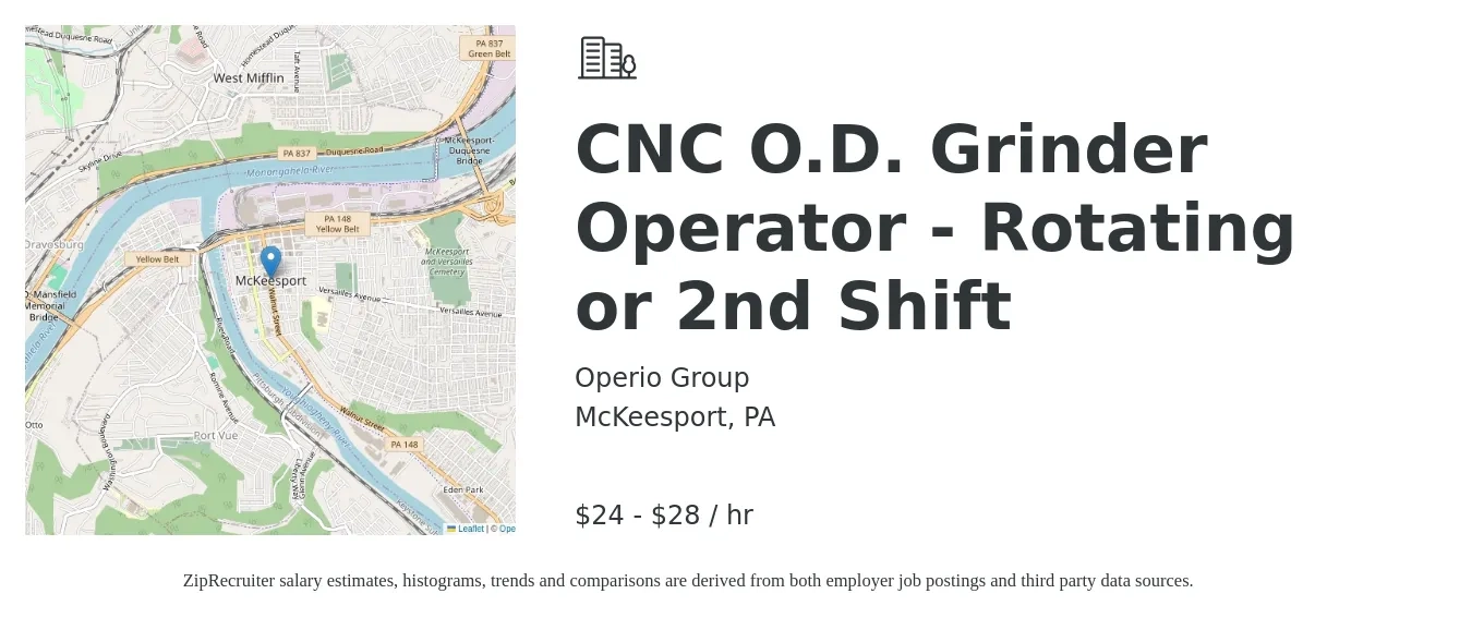 Operio Group job posting for a CNC O.D. Grinder Operator - Rotating or 2nd Shift in McKeesport, PA with a salary of $25 to $30 Hourly with a map of McKeesport location.