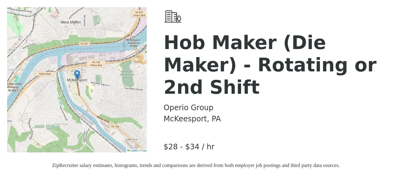Operio Group job posting for a Hob Maker (Die Maker) - Rotating or 2nd Shift in McKeesport, PA with a salary of $30 to $36 Hourly with a map of McKeesport location.
