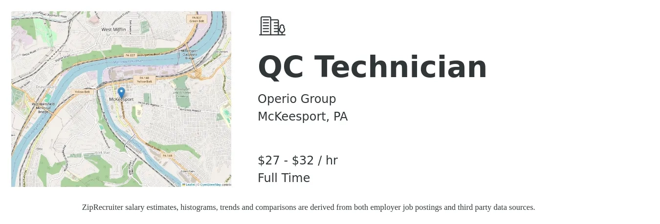Operio Group job posting for a QC Technician in McKeesport, PA with a salary of $29 to $34 Hourly with a map of McKeesport location.