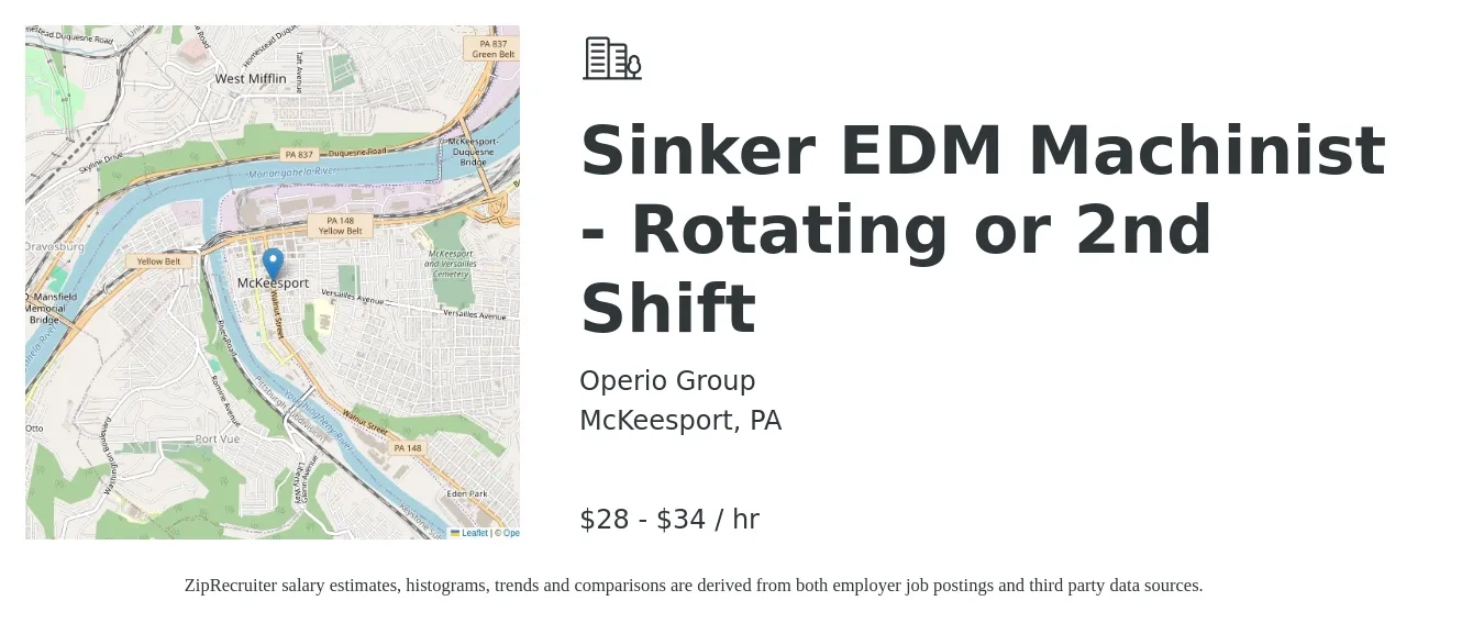 Operio Group job posting for a Sinker EDM Machinist - Rotating or 2nd Shift in McKeesport, PA with a salary of $30 to $36 Hourly with a map of McKeesport location.