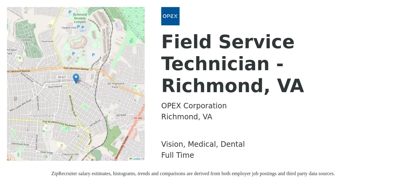 OPEX Corporation job posting for a Field Service Technician - Richmond, VA in Richmond, VA with a salary of $20 to $30 Hourly and benefits including dental, life_insurance, medical, pto, retirement, and vision with a map of Richmond location.