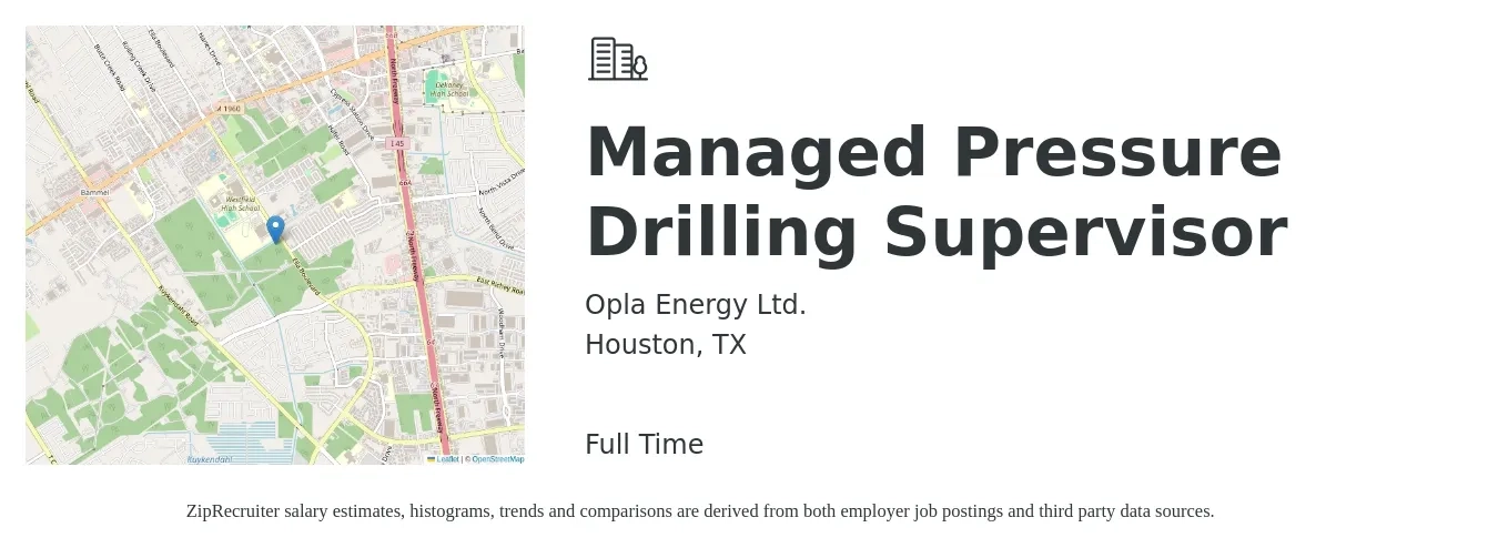 Opla Energy Ltd. job posting for a Managed Pressure Drilling Supervisor in Houston, TX with a salary of $31 to $40 Hourly with a map of Houston location.