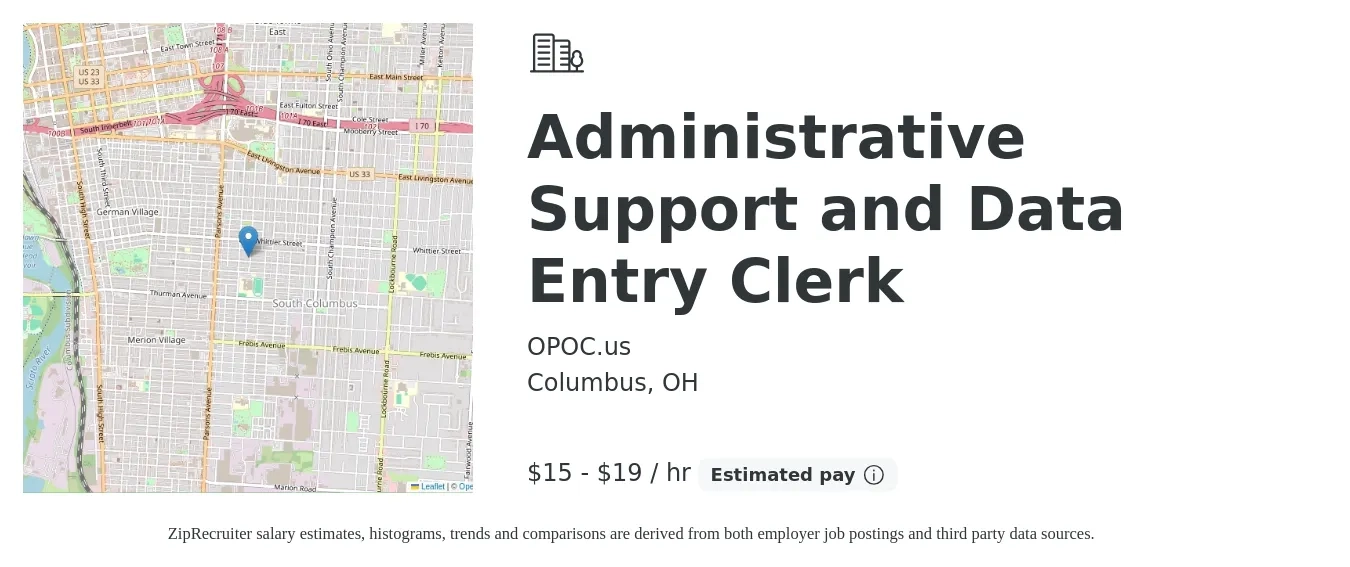 OPOC.us job posting for a Administrative Support and Data Entry Clerk in Columbus, OH with a salary of $16 to $20 Hourly with a map of Columbus location.