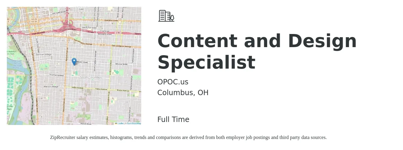 OPOC.us job posting for a Content and Design Specialist in Columbus, OH with a salary of $22 to $36 Hourly with a map of Columbus location.
