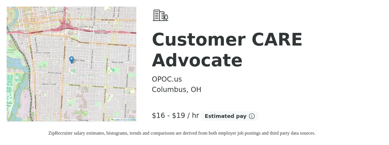 OPOC.us job posting for a Customer CARE Advocate in Columbus, OH with a salary of $17 to $20 Hourly with a map of Columbus location.