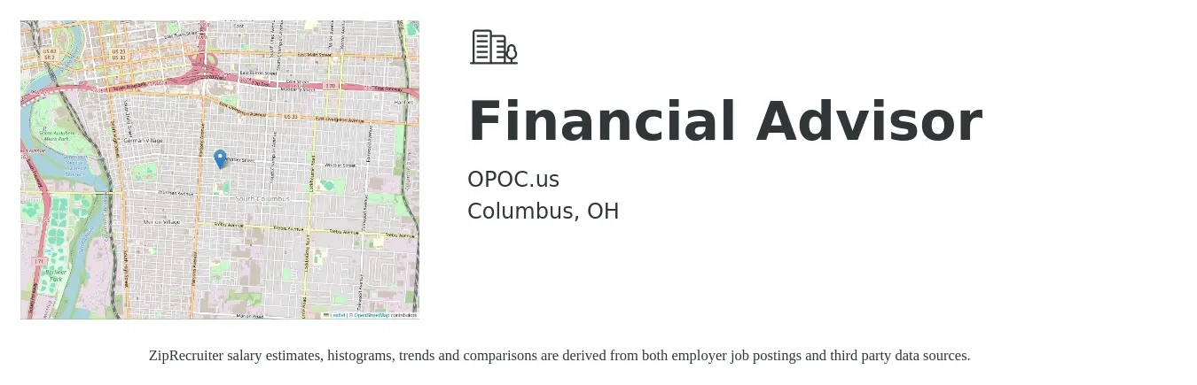 OPOC.us job posting for a Financial Advisor in Columbus, OH with a salary of $72,400 to $126,500 Yearly with a map of Columbus location.