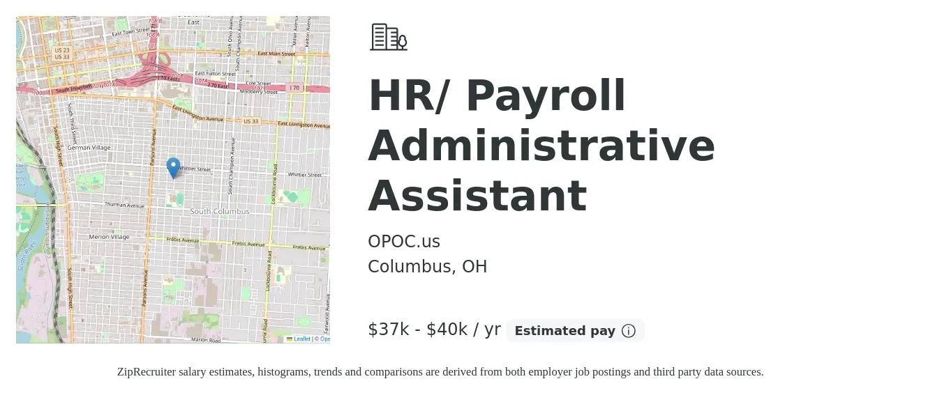 OPOC.us job posting for a HR/Payroll Administrative Assistant in Columbus, OH with a salary of $37,000 to $40,000 Yearly with a map of Columbus location.