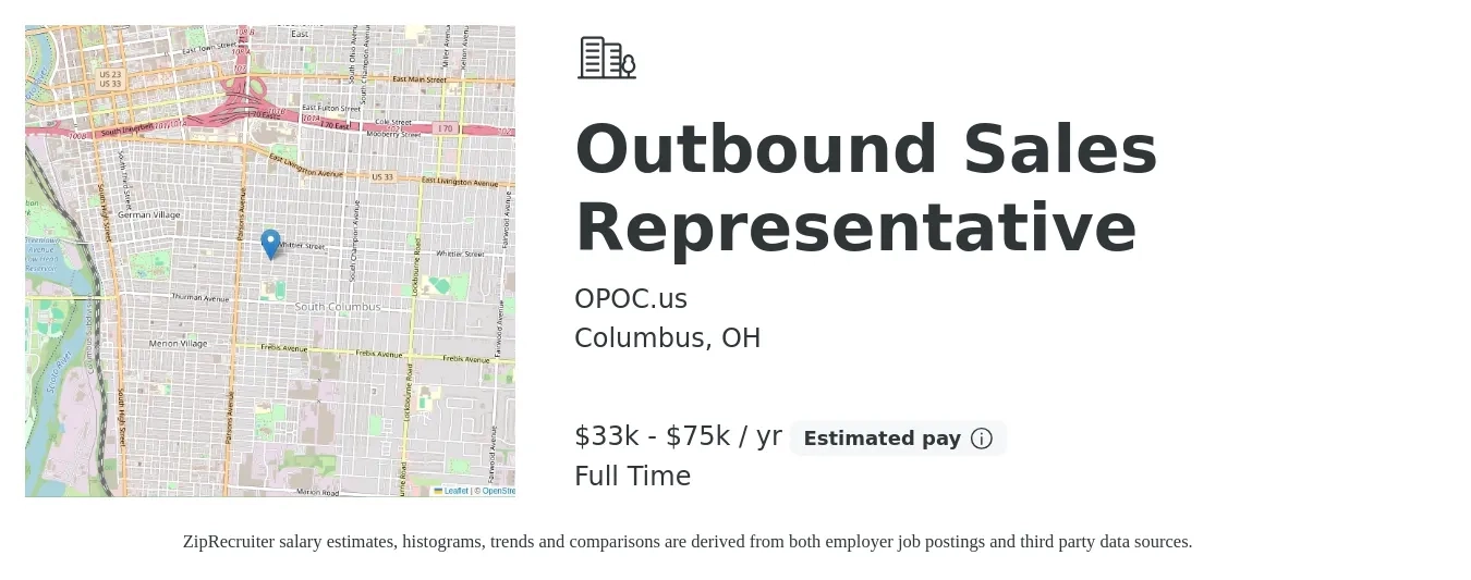 OPOC.us job posting for a Outbound Sales Representative in Columbus, OH with a salary of $33,440 to $75,000 Yearly with a map of Columbus location.