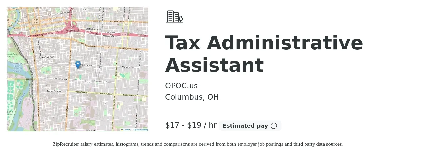 OPOC.us job posting for a Tax Administrative Assistant in Columbus, OH with a salary of $18 to $20 Hourly with a map of Columbus location.
