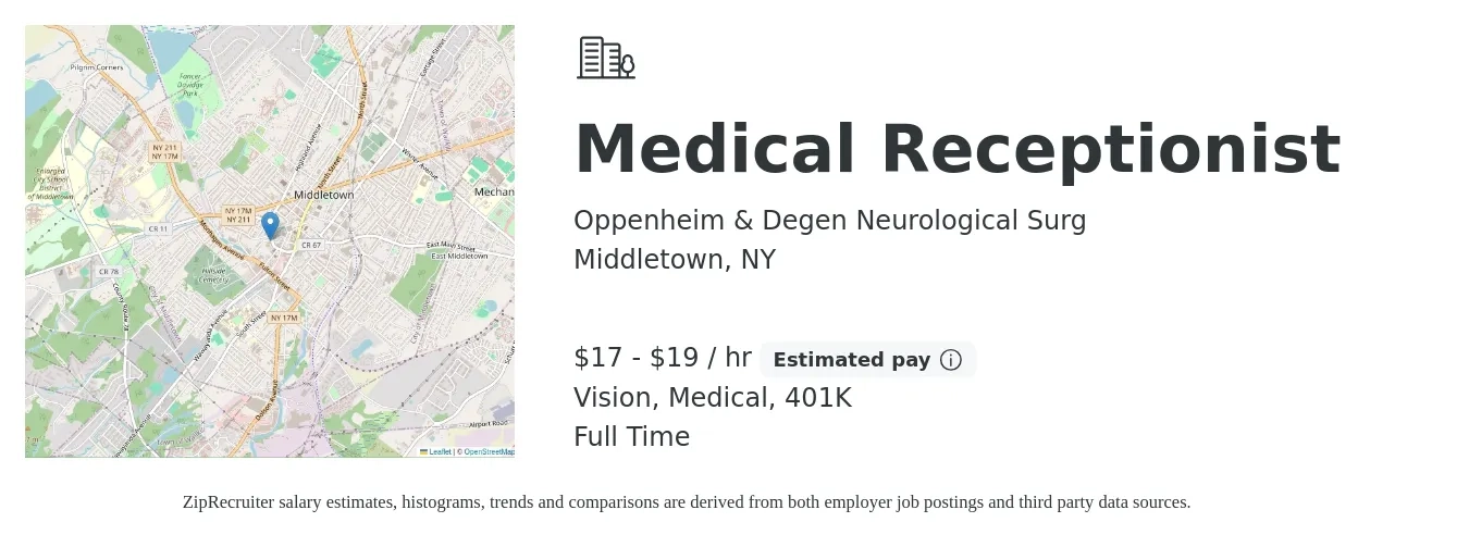 Oppenheim & Degen Neurological Surg job posting for a Medical Receptionist in Middletown, NY with a salary of $18 to $20 Hourly and benefits including vision, 401k, and medical with a map of Middletown location.