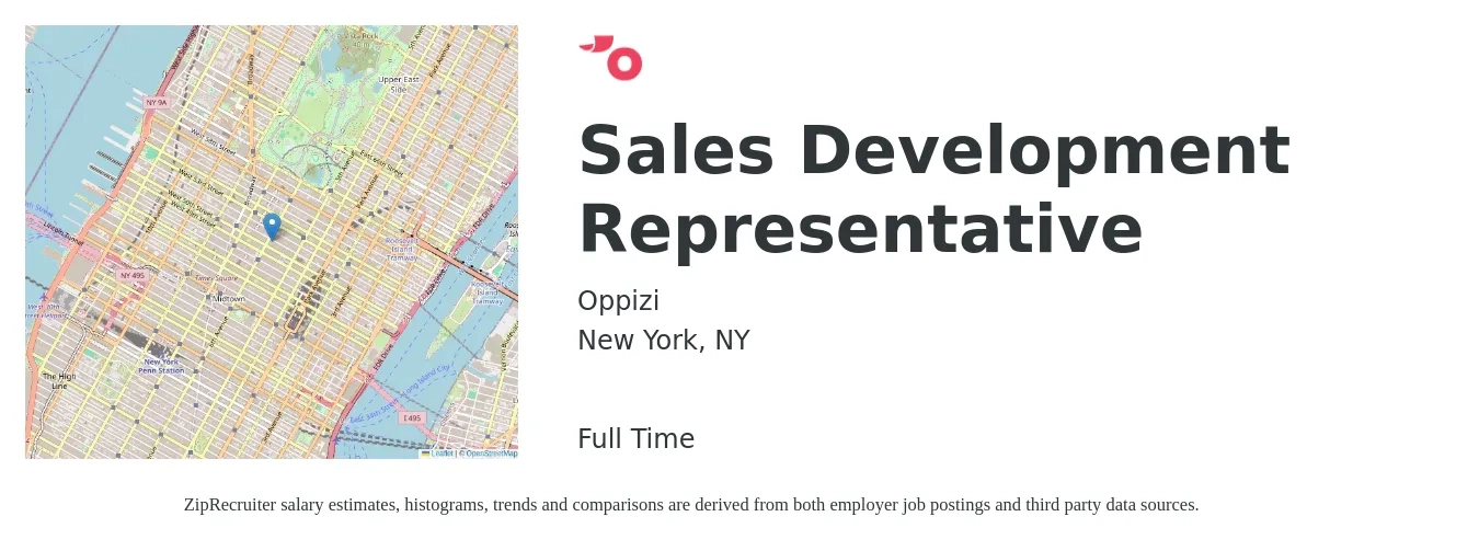 Oppizi job posting for a Sales Development Representative in New York, NY with a salary of $44,500 to $64,700 Yearly with a map of New York location.