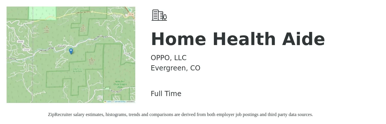 OPPO, LLC job posting for a Home Health Aide in Evergreen, CO with a salary of $19 to $20 Hourly with a map of Evergreen location.