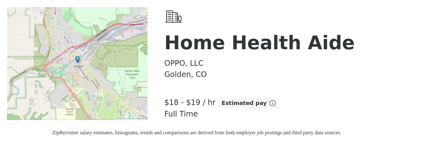 OPPO, LLC job posting for a Home Health Aide in Golden, CO with a salary of $19 to $20 Hourly with a map of Golden location.