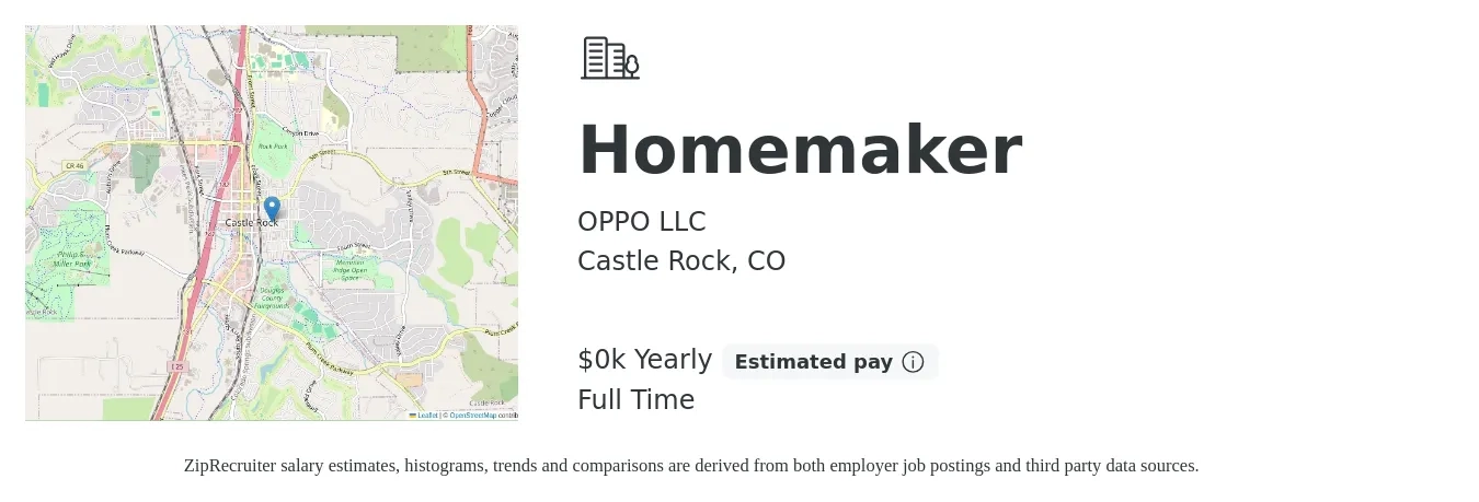 OPPO LLC job posting for a Homemaker in Castle Rock, CO with a salary of $19 to $20 Yearly with a map of Castle Rock location.