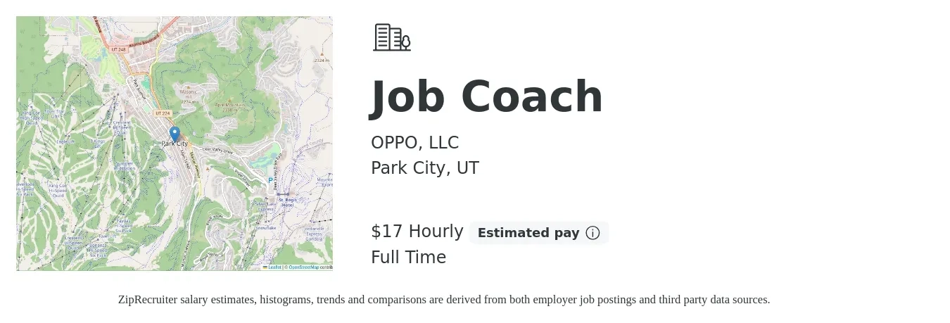 OPPO, LLC job posting for a Job Coach in Park City, UT with a salary of $18 Hourly with a map of Park City location.