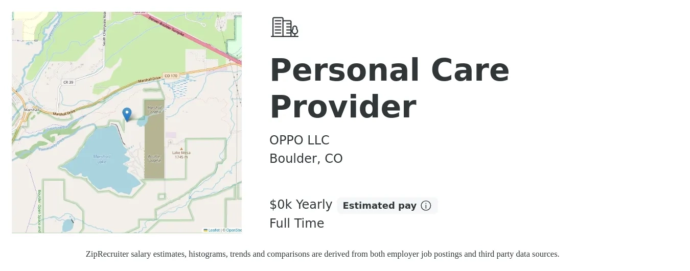 OPPO LLC job posting for a Personal Care Provider in Boulder, CO with a salary of $19 to $20 Yearly with a map of Boulder location.