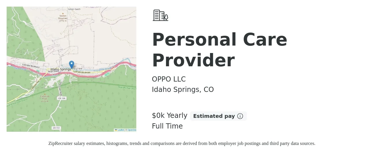 OPPO LLC job posting for a Personal Care Provider in Idaho Springs, CO with a salary of $19 to $20 Yearly with a map of Idaho Springs location.