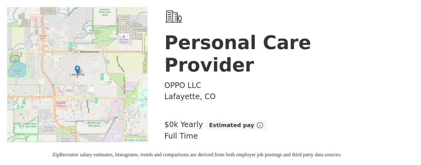 OPPO LLC job posting for a Personal Care Provider in Lafayette, CO with a salary of $19 to $20 Yearly with a map of Lafayette location.