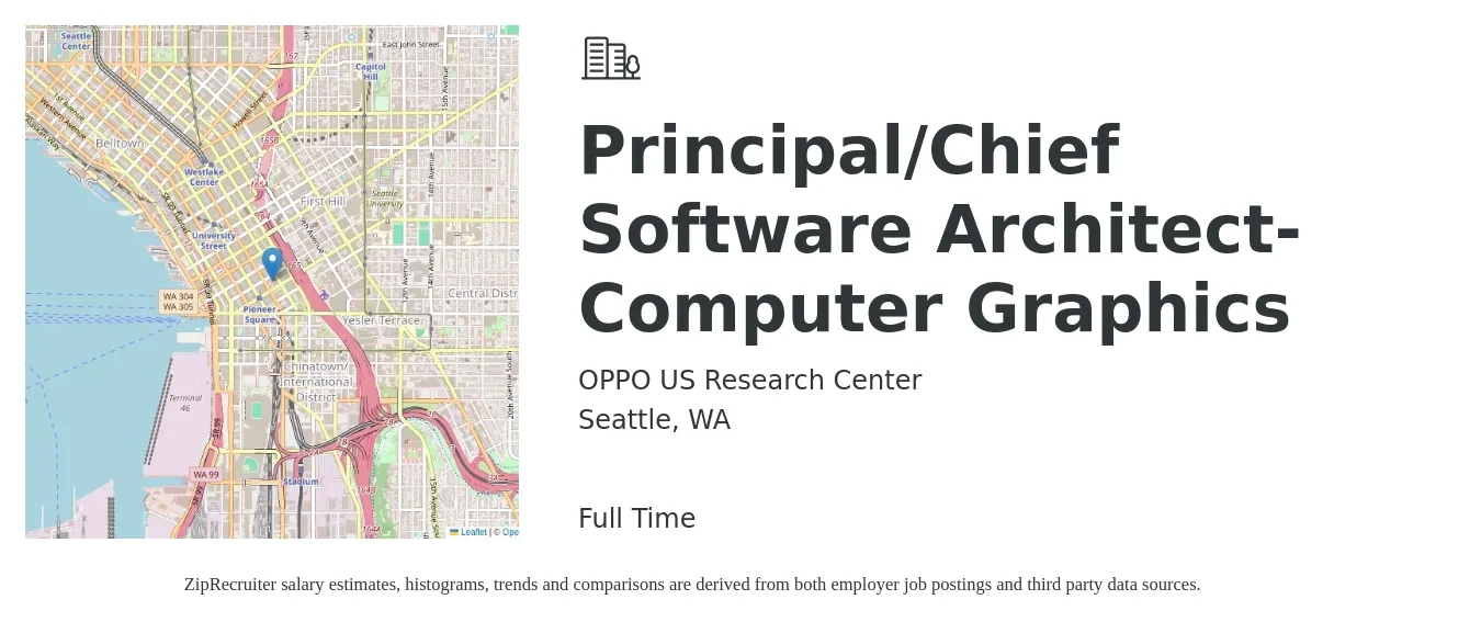 OPPO US Research Center job posting for a Principal/Chief Software Architect-Computer Graphics in Seattle, WA with a salary of $167,900 to $265,700 Yearly with a map of Seattle location.