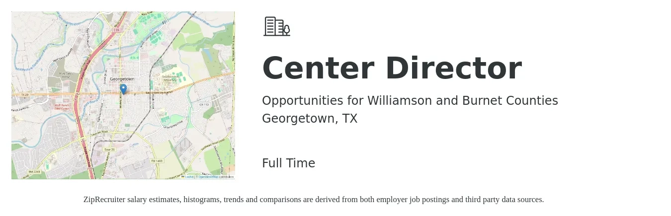 Opportunities for Williamson and Burnet Counties job posting for a Center Director in Georgetown, TX with a salary of $43,700 to $59,900 Yearly with a map of Georgetown location.