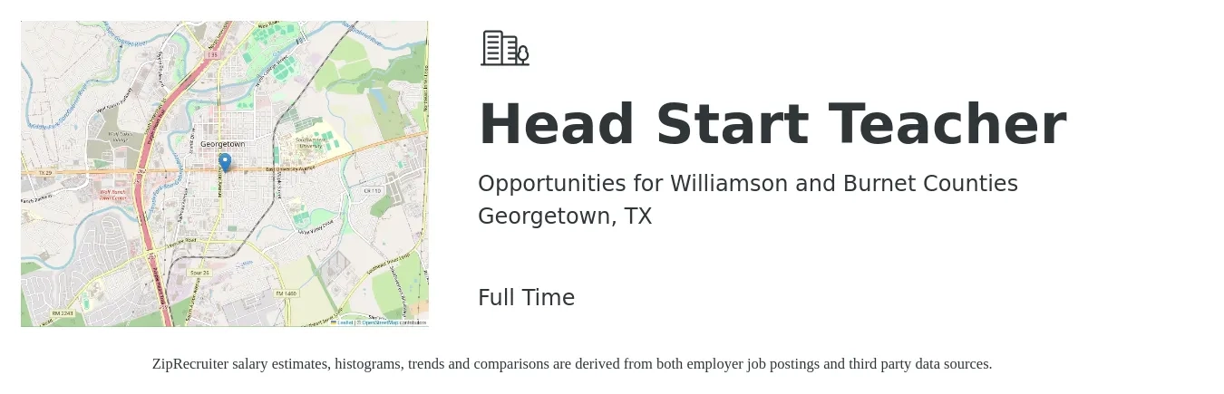 Opportunities for Williamson and Burnet Counties job posting for a Head Start Teacher in Georgetown, TX with a salary of $15 to $22 Hourly with a map of Georgetown location.