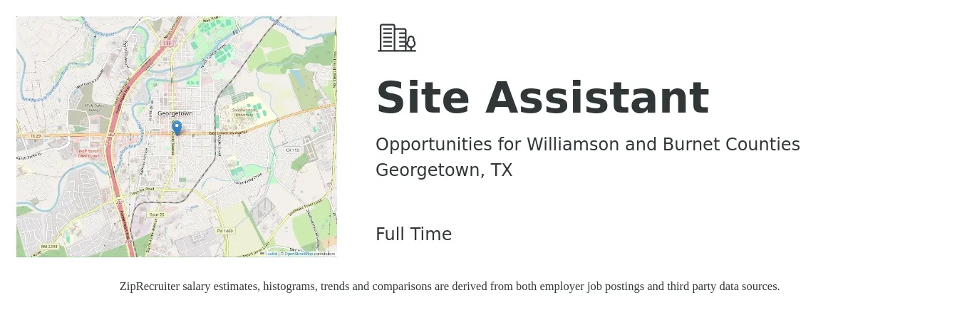 Opportunities for Williamson and Burnet Counties job posting for a Site Assistant in Georgetown, TX with a salary of $15 to $20 Hourly with a map of Georgetown location.