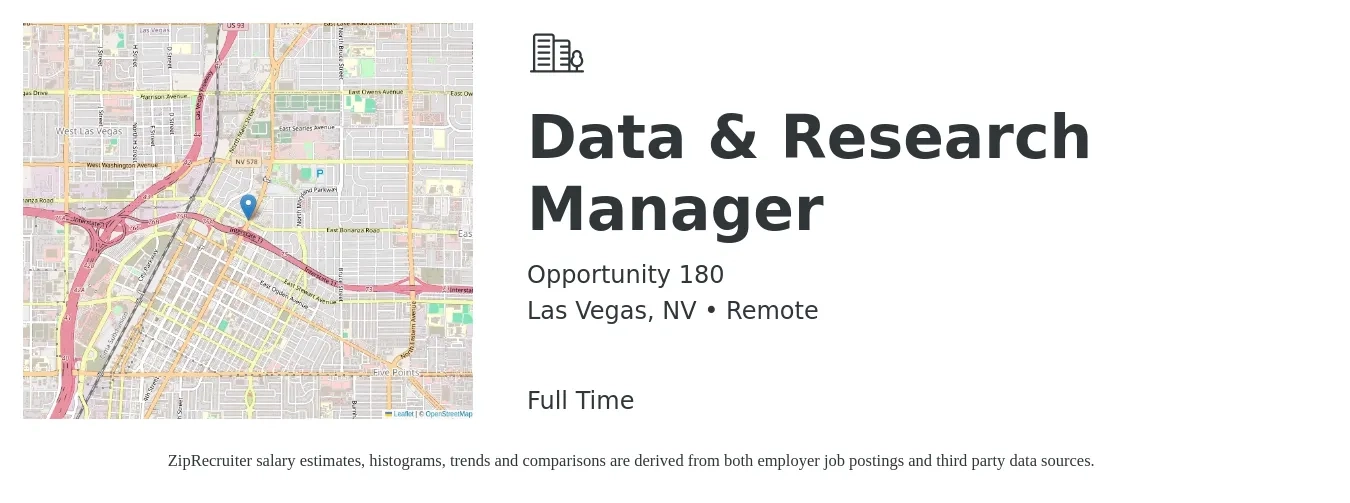 Opportunity 180 job posting for a Data & Research Manager in Las Vegas, NV with a salary of $65,000 to $79,000 Yearly with a map of Las Vegas location.