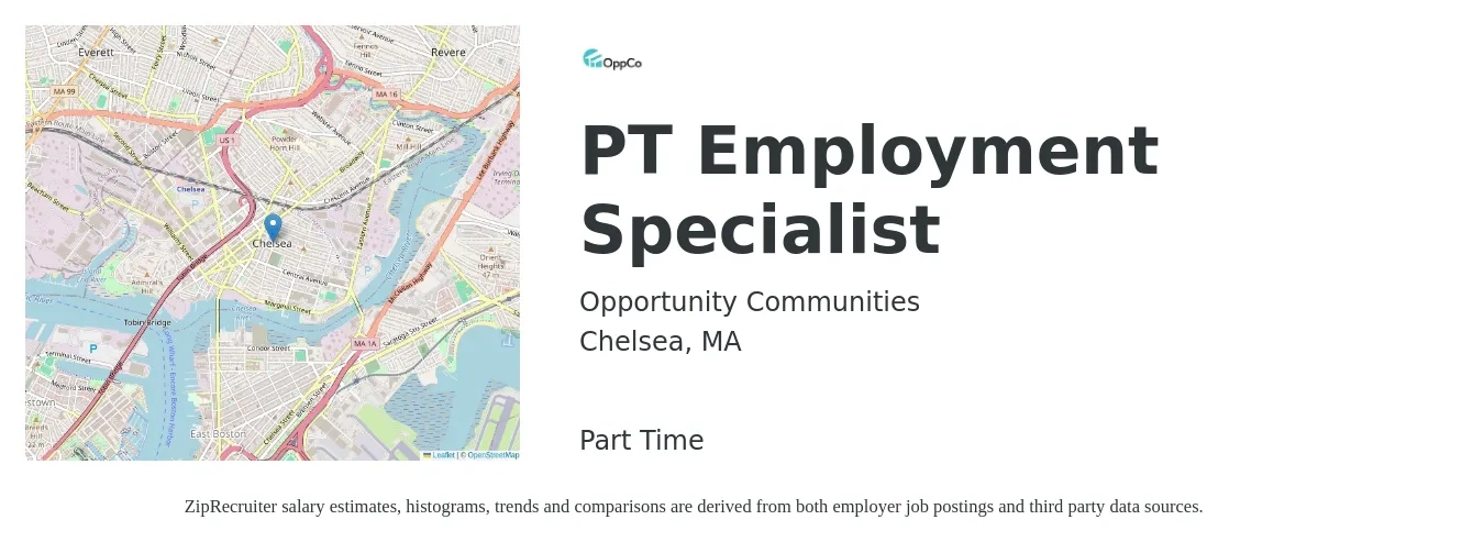 Opportunity Communities job posting for a PT Employment Specialist in Chelsea, MA with a salary of $45,600 to $86,400 Yearly with a map of Chelsea location.