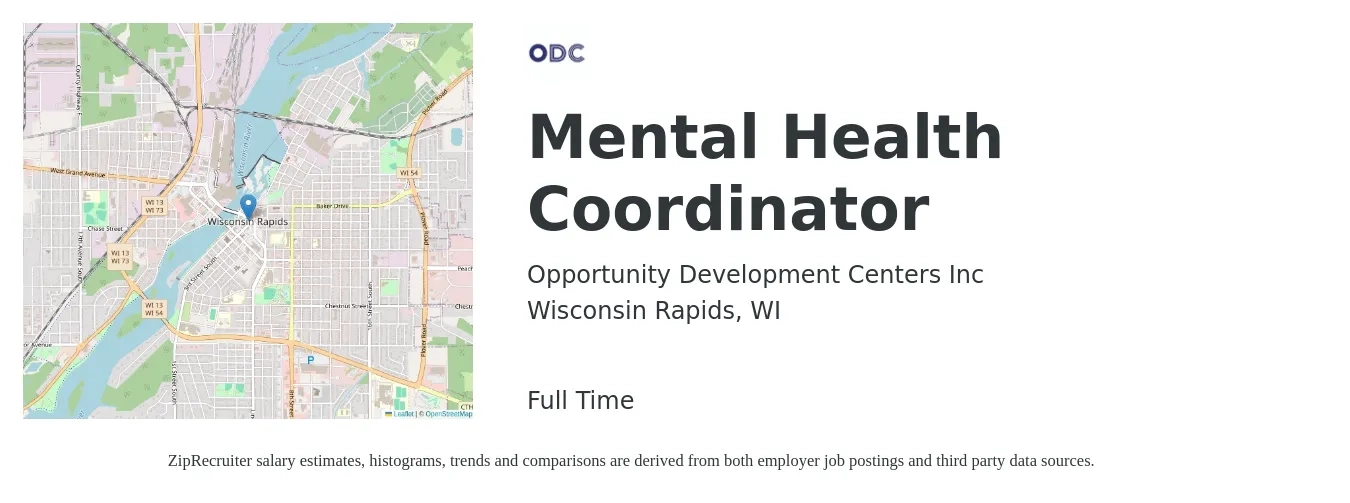Opportunity Development Centers Inc job posting for a Mental Health Coordinator in Wisconsin Rapids, WI with a salary of $26 to $54 Hourly with a map of Wisconsin Rapids location.
