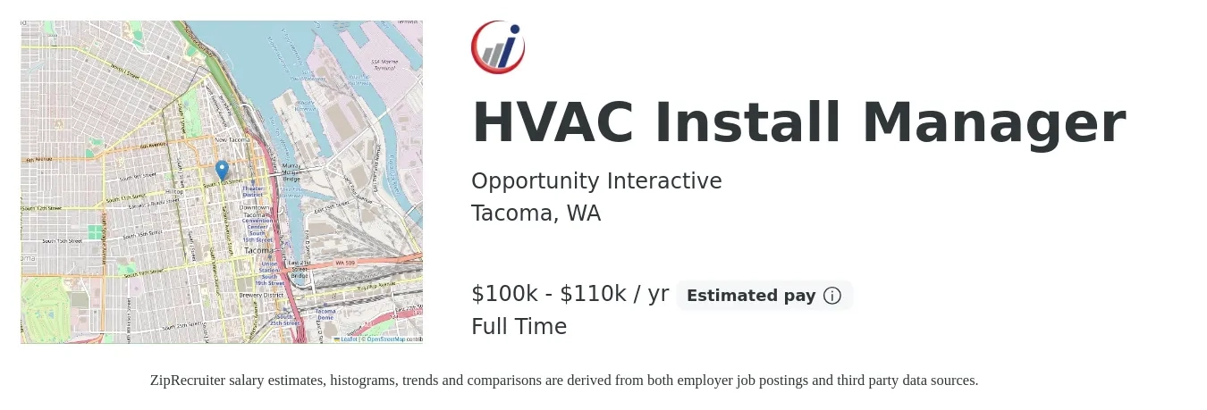 Opportunity Interactive job posting for a HVAC Install Manager in Tacoma, WA with a salary of $100,000 to $110,000 Yearly with a map of Tacoma location.