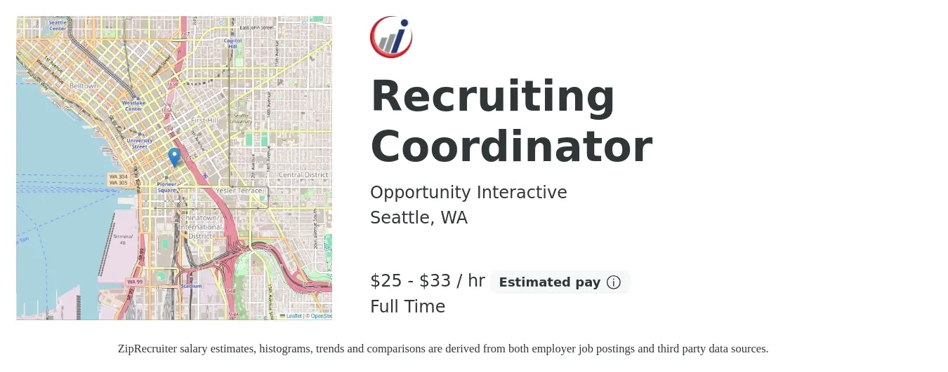 Opportunity Interactive job posting for a Recruiting Coordinator in Seattle, WA with a salary of $27 to $35 Hourly with a map of Seattle location.