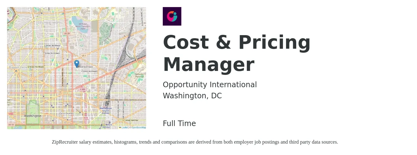 Opportunity International job posting for a Cost & Pricing Manager in Washington, DC with a salary of $103,200 to $137,100 Yearly with a map of Washington location.