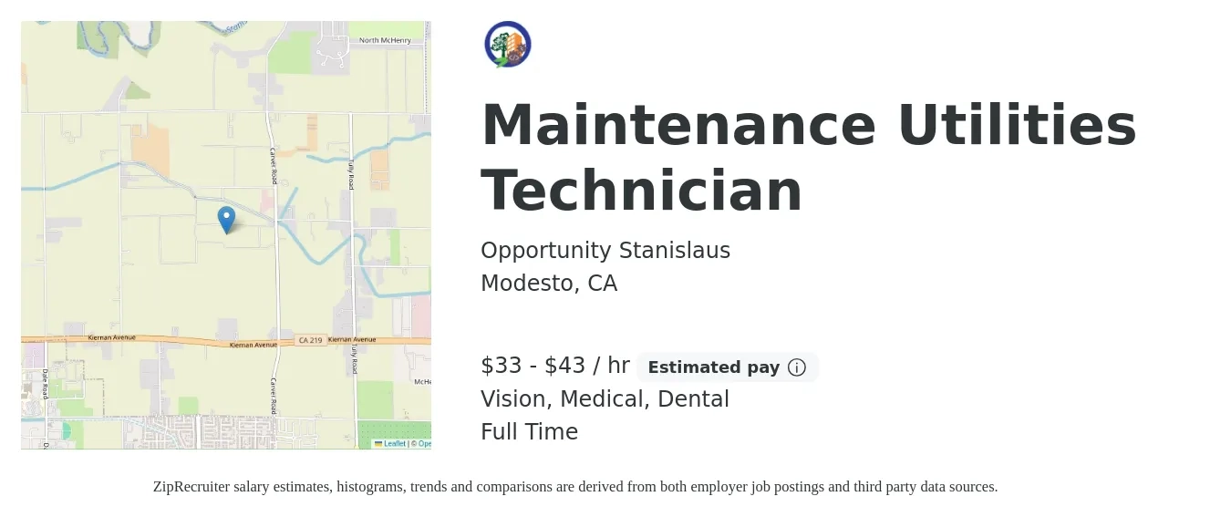 Opportunity Stanislaus job posting for a Maintenance Utilities Technician in Modesto, CA with a salary of $35 to $45 Hourly and benefits including dental, life_insurance, medical, pto, retirement, and vision with a map of Modesto location.