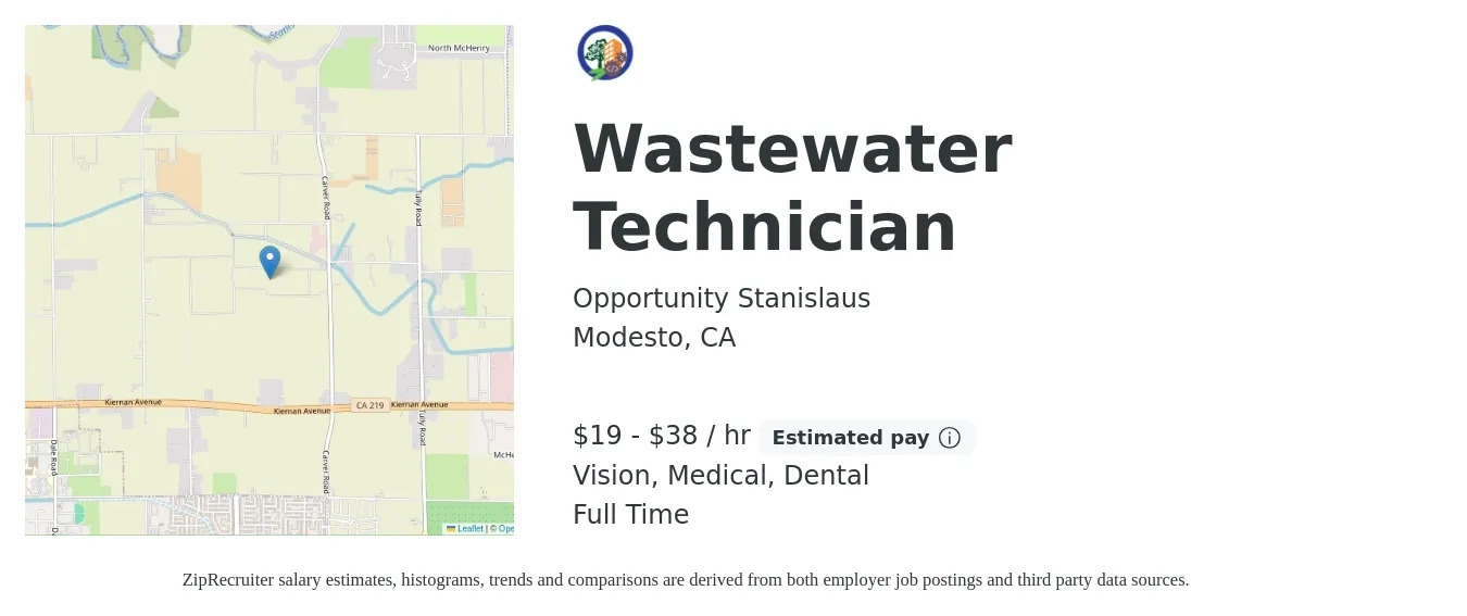 Opportunity Stanislaus job posting for a Wastewater Technician in Modesto, CA with a salary of $20 to $40 Hourly and benefits including dental, life_insurance, medical, retirement, and vision with a map of Modesto location.