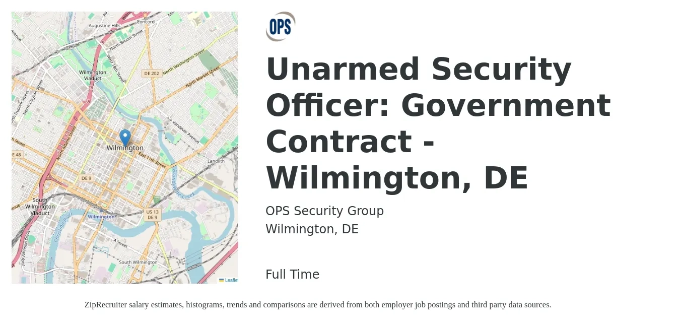 OPS Security Group job posting for a Unarmed Security Officer: Government Contract - Wilmington, DE in Wilmington, DE with a salary of $16 to $18 Hourly with a map of Wilmington location.
