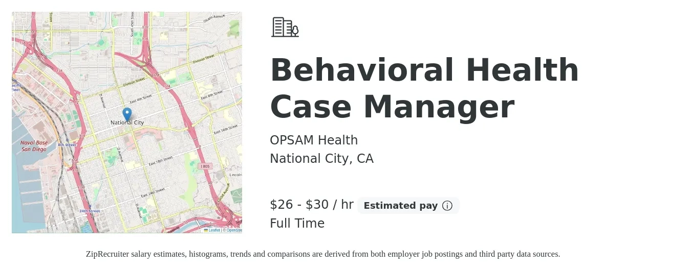 OPSAM Health job posting for a Behavioral Health Case Manager in National City, CA with a salary of $28 to $32 Hourly with a map of National City location.