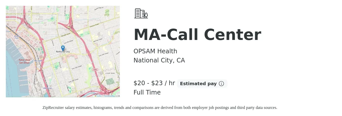 OPSAM Health job posting for a MA-Call Center in National City, CA with a salary of $21 to $24 Hourly with a map of National City location.