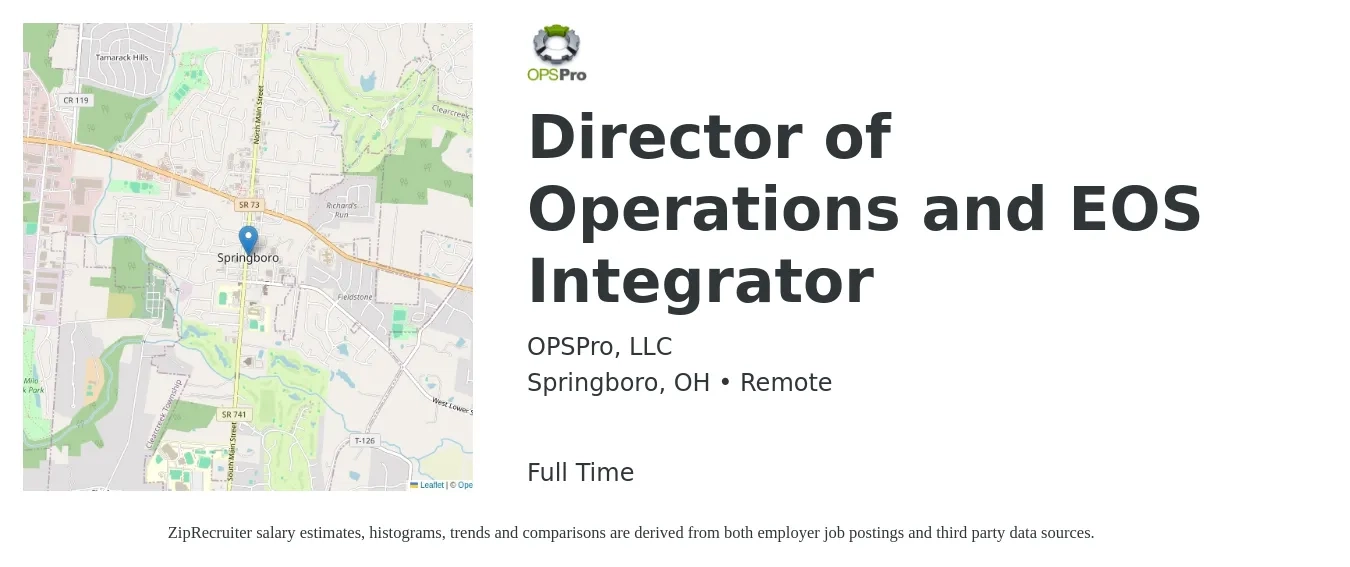 OPSPro, LLC job posting for a Director of Operations and EOS Integrator in Springboro, OH with a salary of $66,600 to $119,500 Yearly with a map of Springboro location.