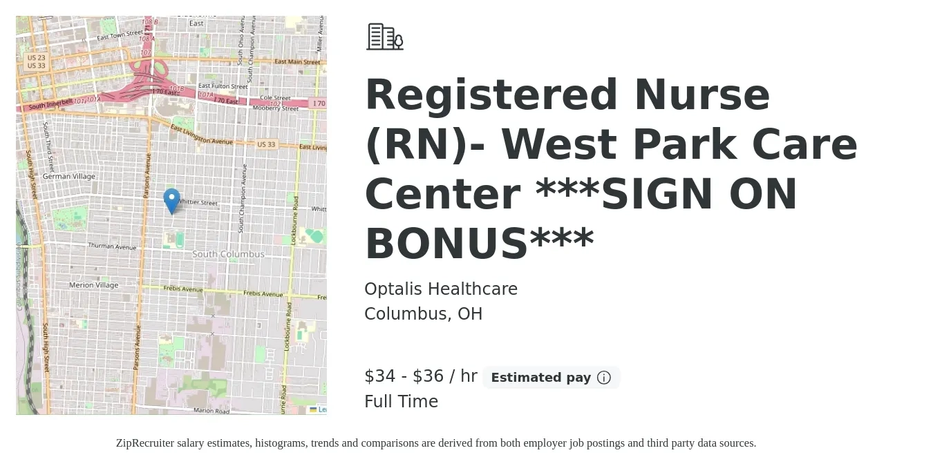 Optalis Healthcare job posting for a Registered Nurse (RN)- West Park Care Center ***SIGN ON BONUS*** in Columbus, OH with a salary of $36 to $38 Hourly with a map of Columbus location.